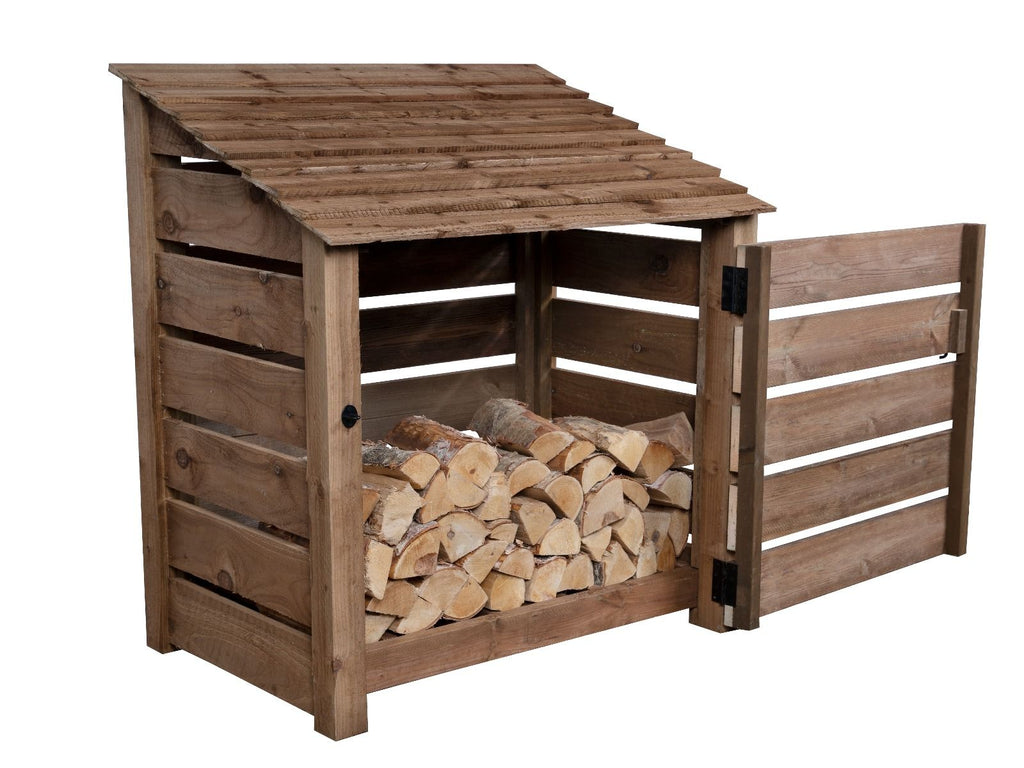 Slatted Wooden Log Store with Door W-119cm, H-126cm or 180cm, D-88cm - Brown Finish