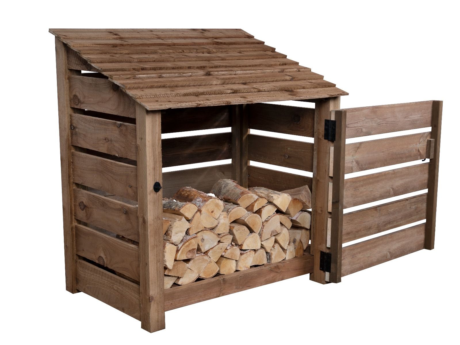 Slatted Wooden Log Store with Door W-119cm, H-126cm or 180cm, D-88cm - Brown Finish