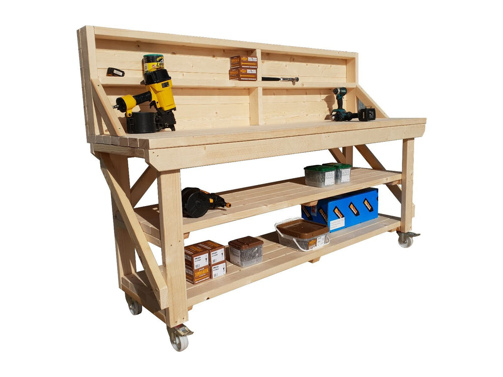 Acorn Wooden Workbench With Back Panel, Double Shelf and Wheels