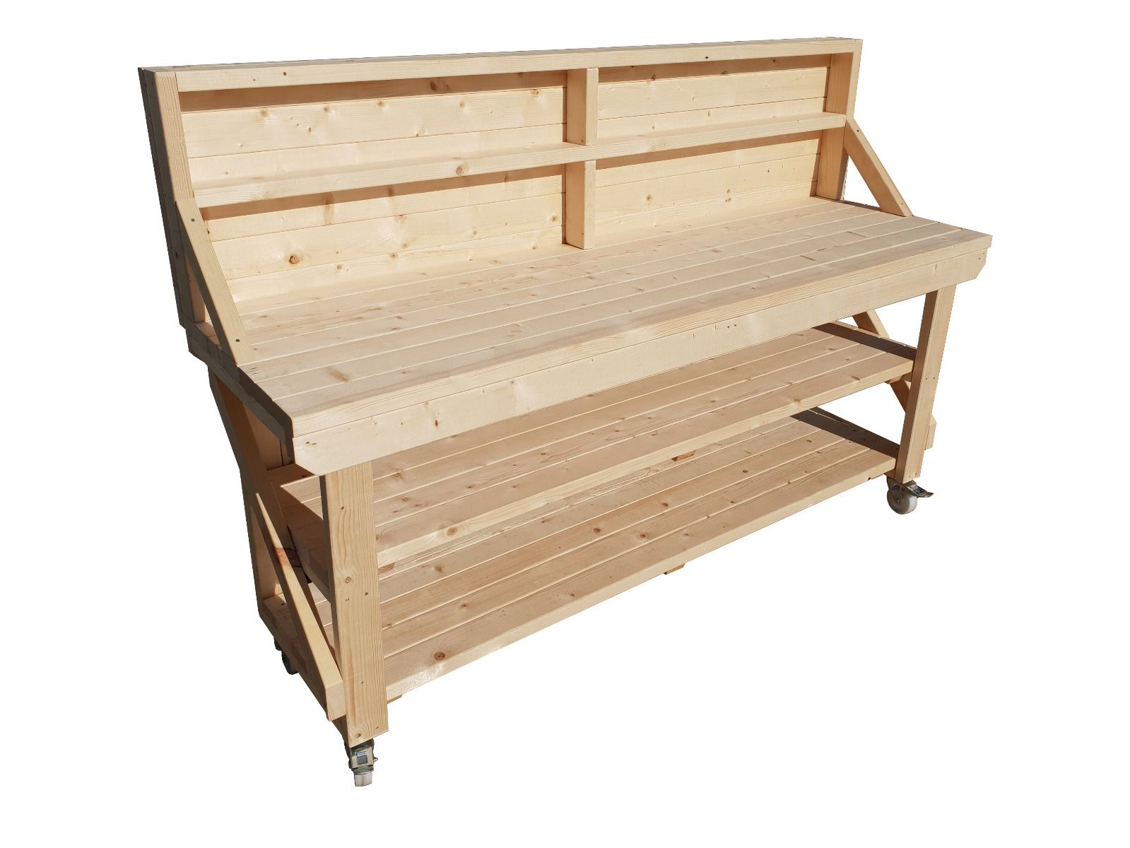 Acorn Wooden Workbench With Back Panel, Double Shelf and Wheels