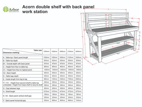 Acorn Wooden Workbench With Back Panel and Double Shelf