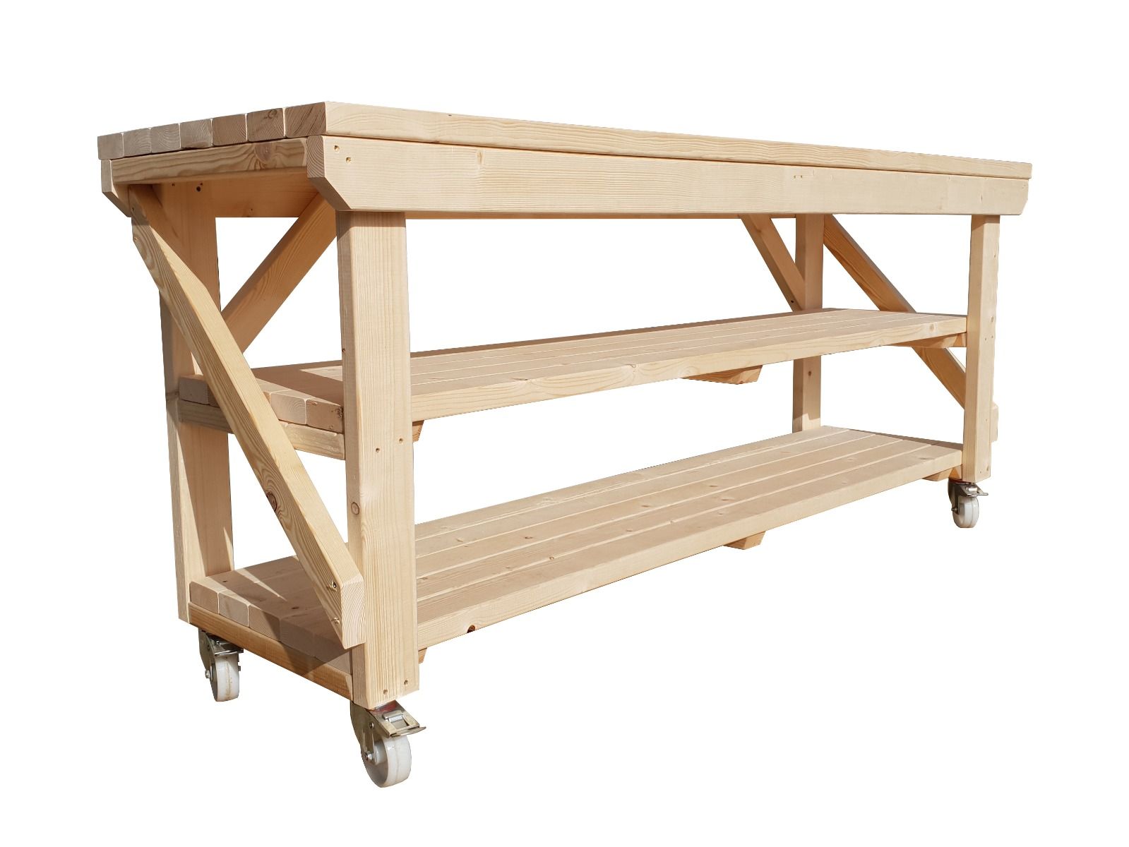 Acorn Wooden Workbench With Double Shelf and Wheels