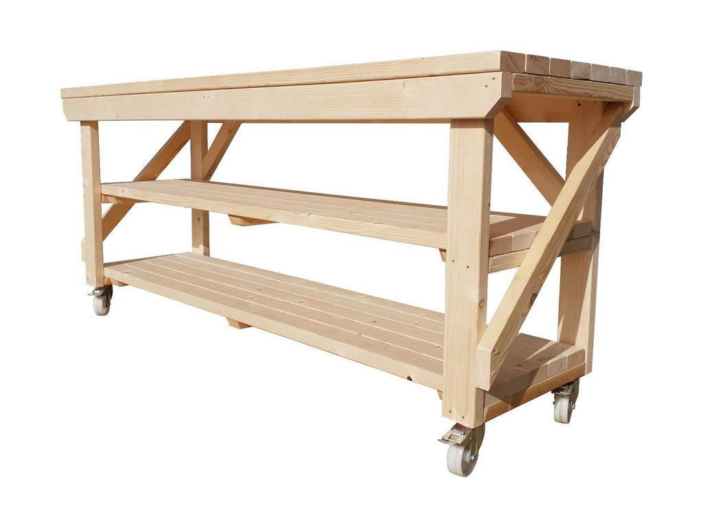 Acorn Wooden Workbench With Double Shelf and Wheels