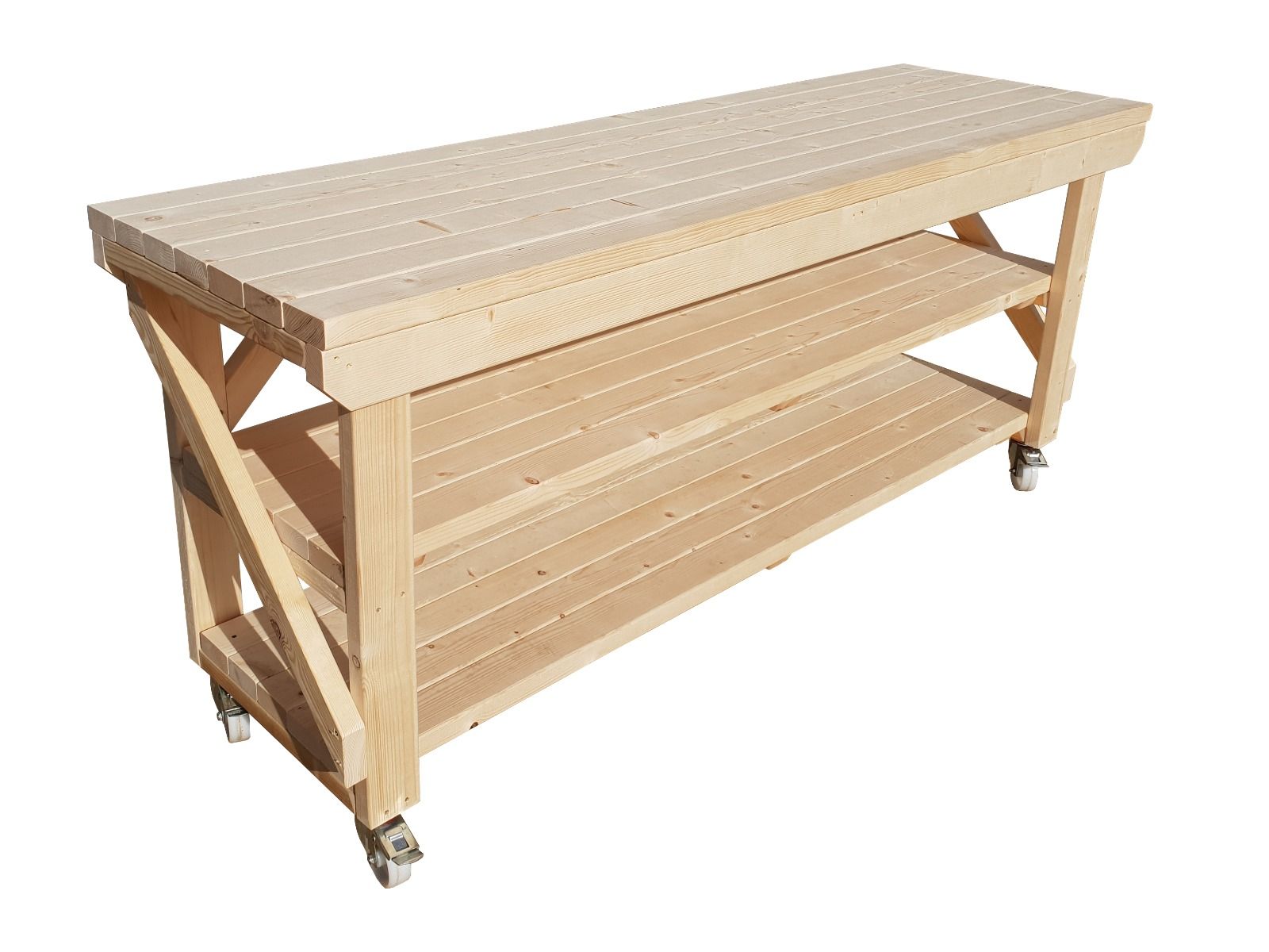 Acorn Wooden Workbench With Double Shelf and Wheels