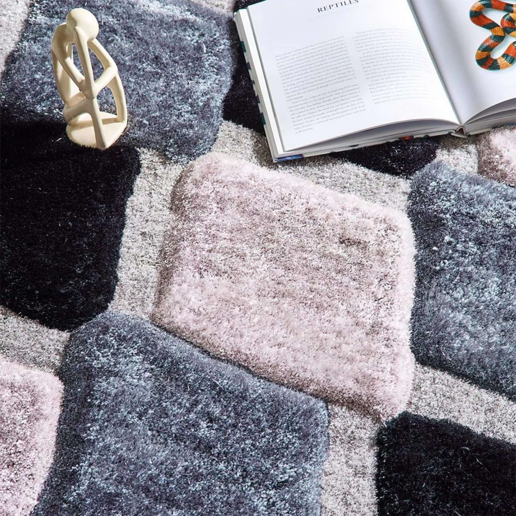 3D Grey Geometric Shaggy Rug