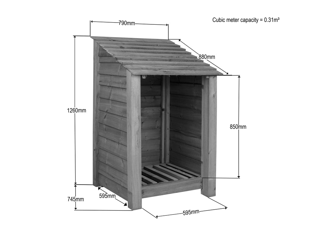 Slatted wooden log store W-79cm, H-126cm or 180cm, D-88cm - Brown Finish