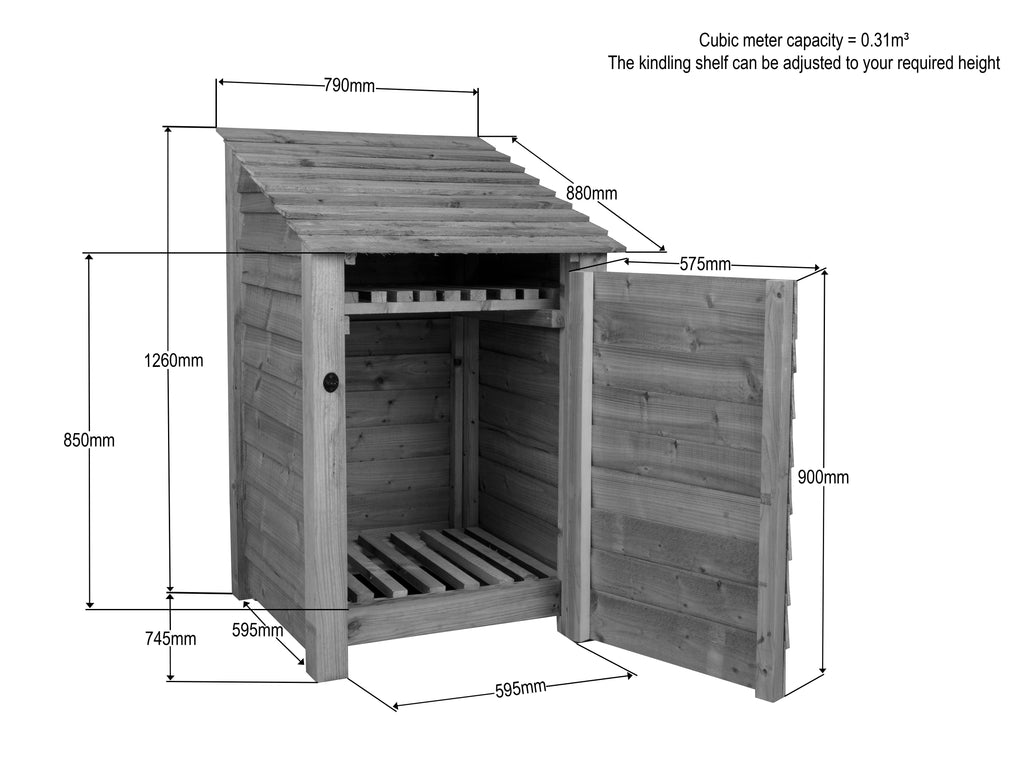 Slatted Wooden Log Store With Door and Shelf W-79cm, H-126cm or 180cm, D-88cm