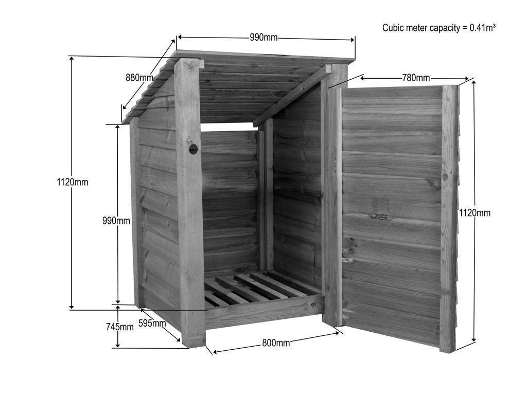 Wooden Garden Tool Storage (Roof Sloping Back) W-99cm, H-126cm or 180cm, D-88cm - Brown Finish
