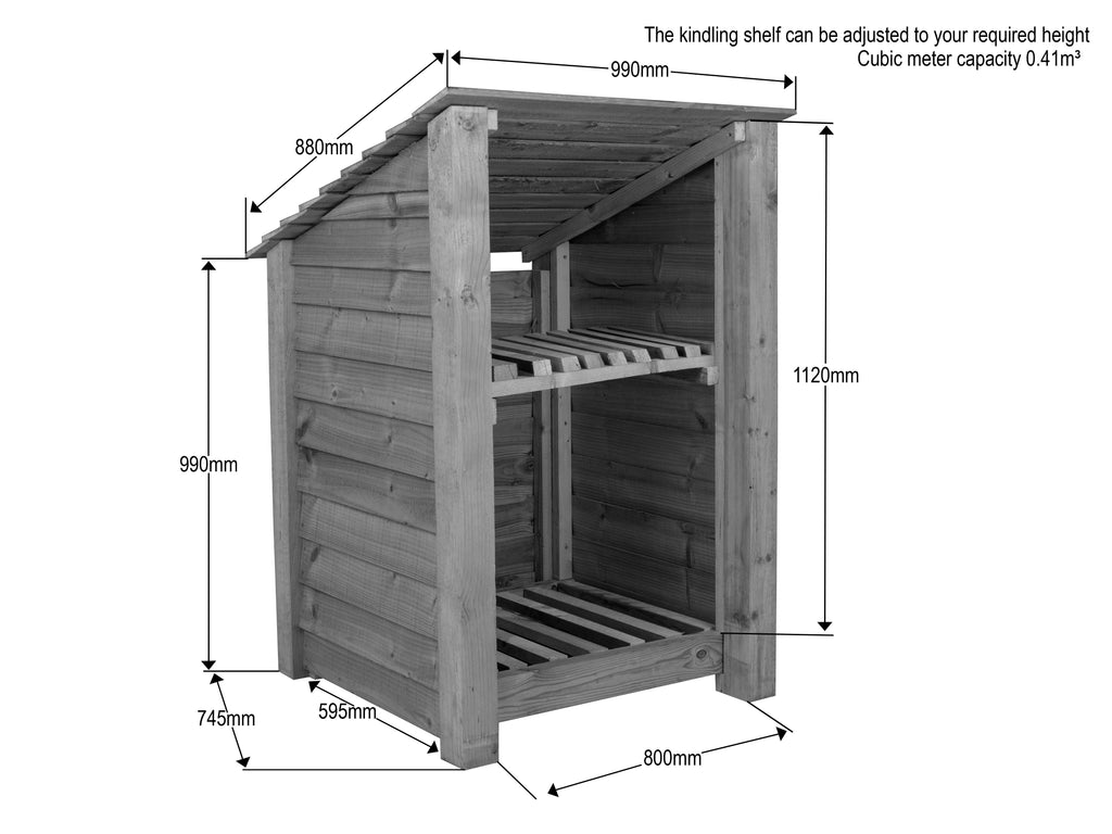 Wooden Log Store with Shelf (Roof Sloping Back) W-99cm, H-126cm Or 180cm, D-88cm