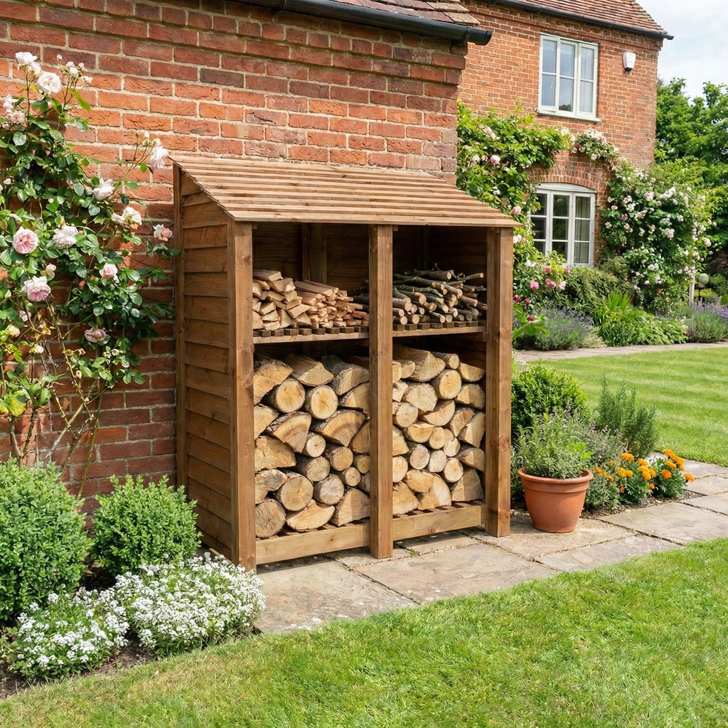 Wooden Log Store with Shelf W-146cm, H-126cm or 180cm, D-88cm - Brown Finish