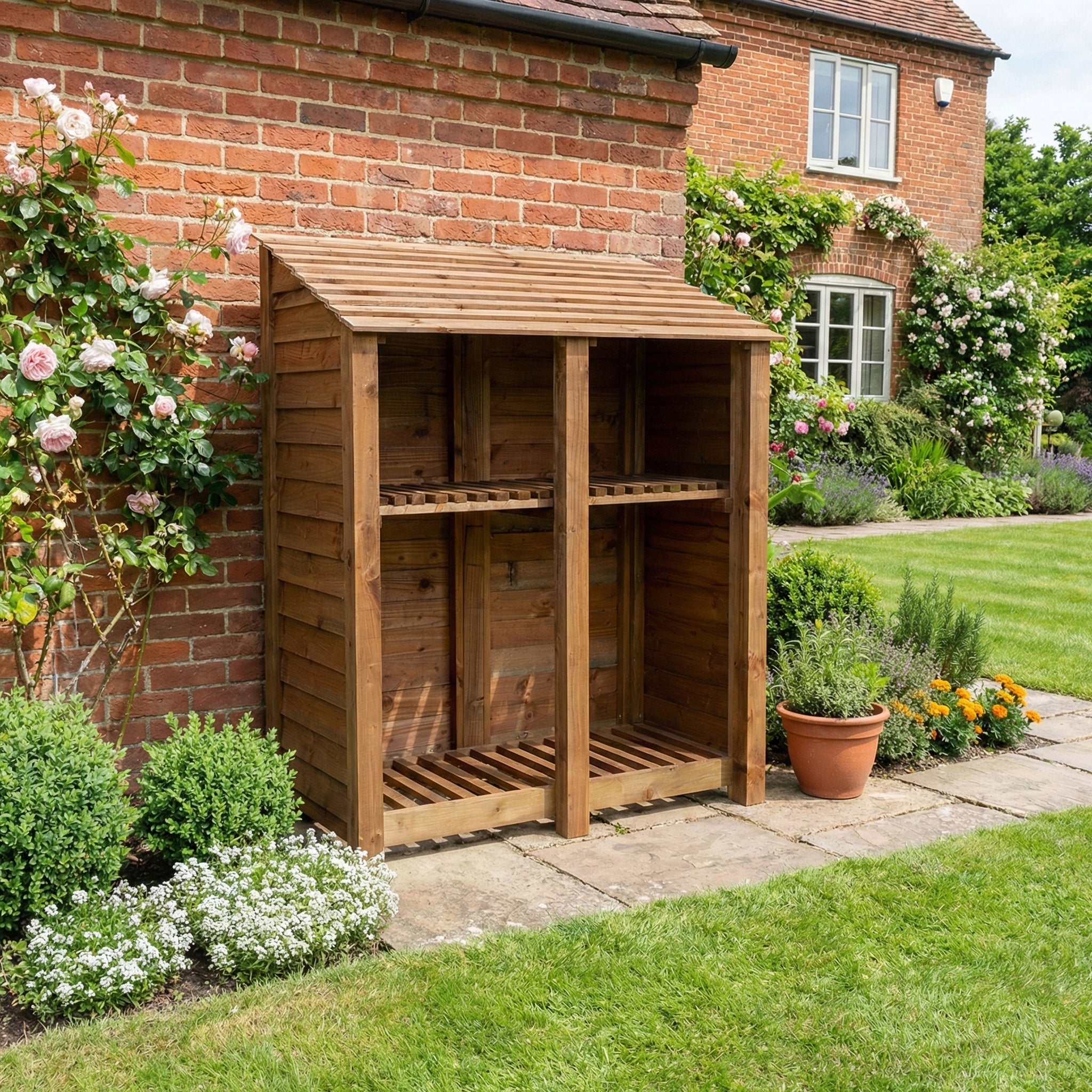 Wooden Log Store with Shelf W-146cm, H-126cm or 180cm, D-88cm - Brown Finish