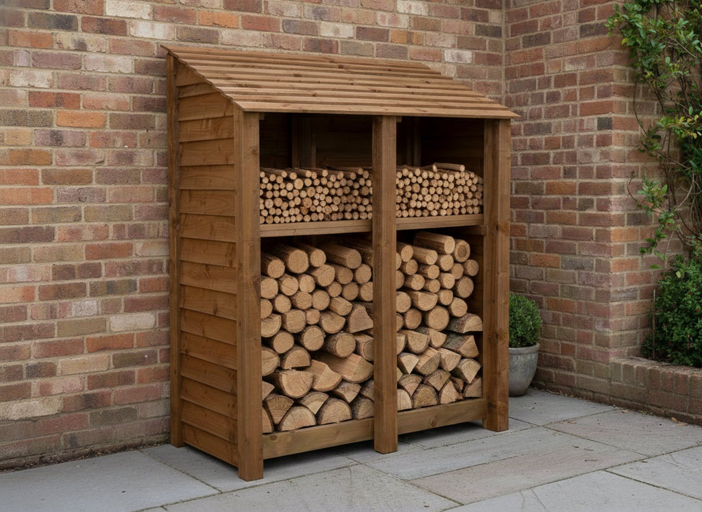 Wooden Log Store with Shelf W-146cm, H-126cm or 180cm, D-88cm - Brown Finish