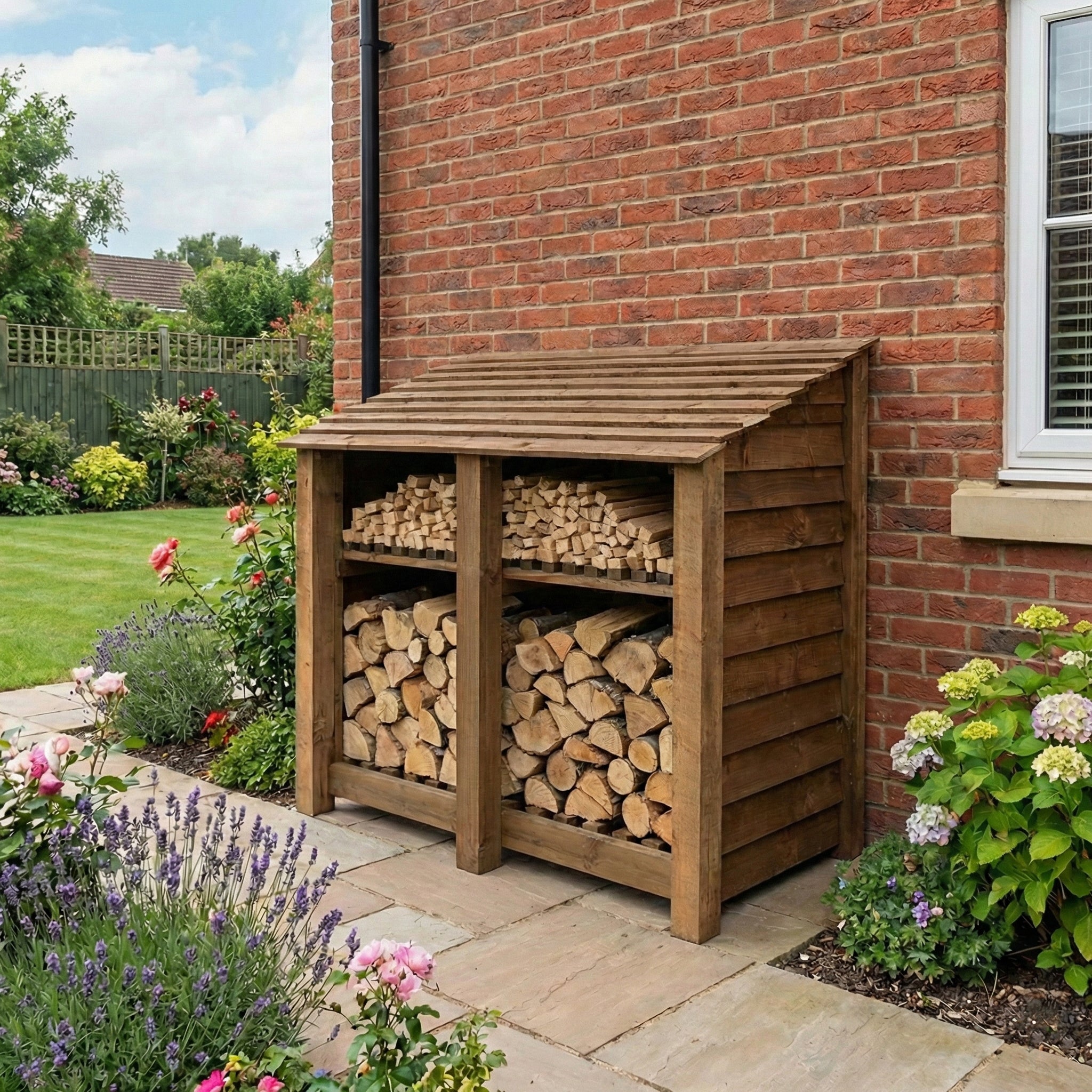 Wooden Log Store with Shelf W-146cm, H-126cm or 180cm, D-88cm - Brown Finish