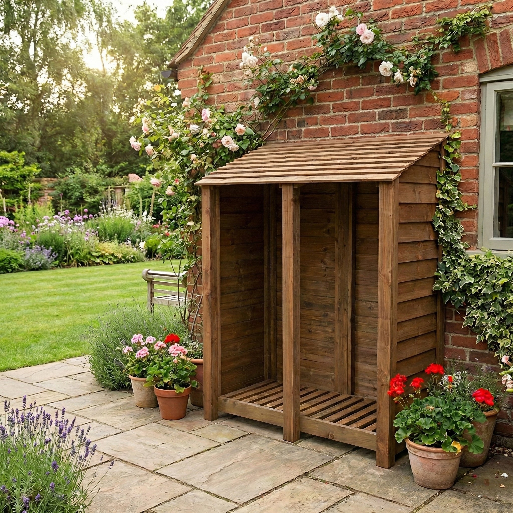 Wooden Log Store W-146cm, H-126cm or 180cm, D-88cm - Brown Finish