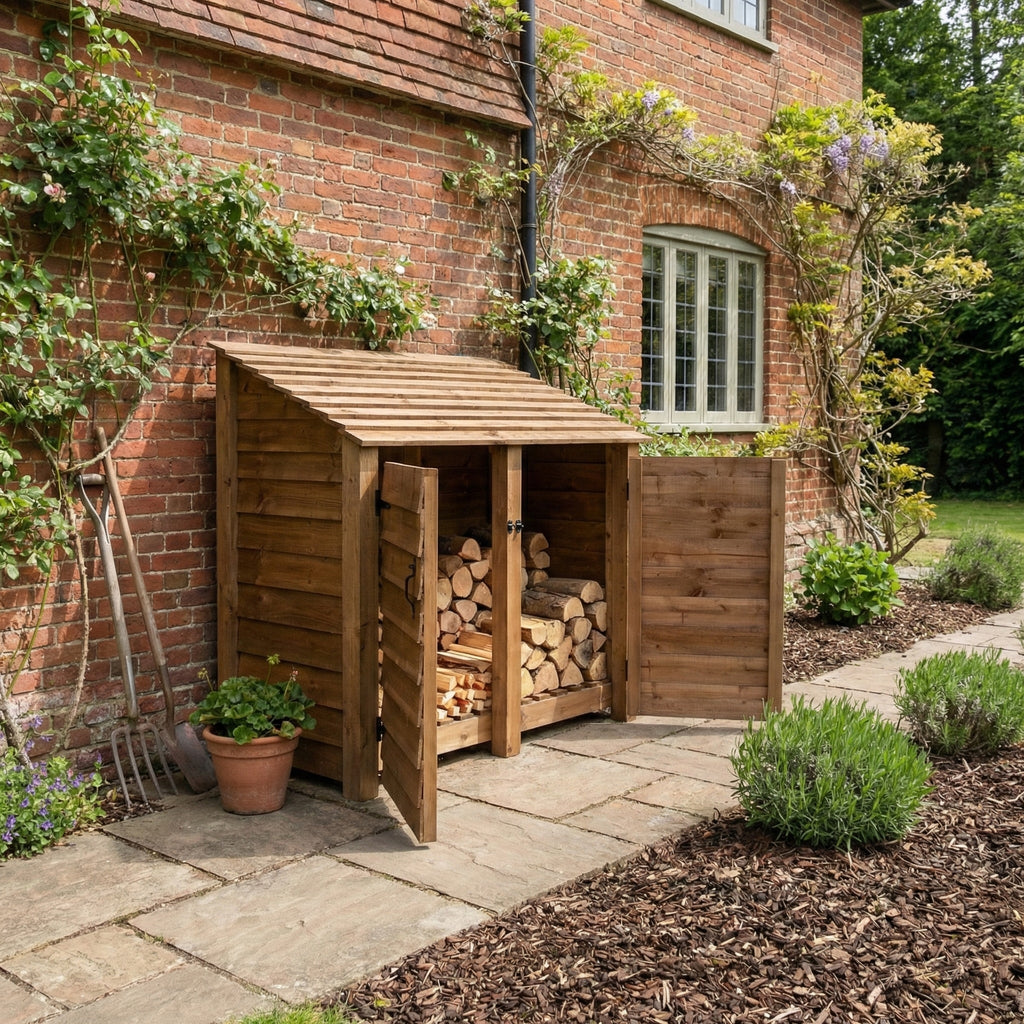 Wooden Log Store with Door W-146cm, H-126cm or 180cm, D-88cm - Brown Finish