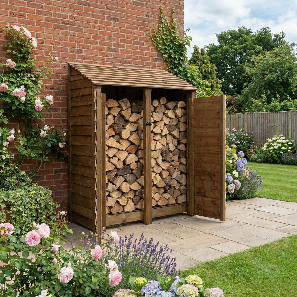 Wooden Log Store with Door W-146cm, H-126cm or 180cm, D-88cm - Brown Finish