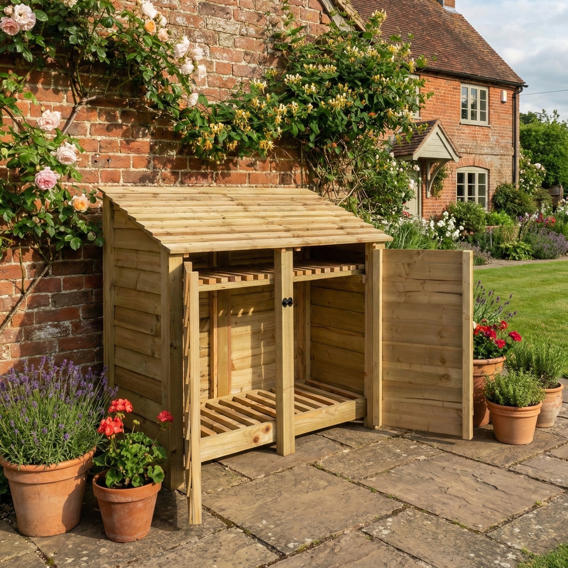 Wooden Log Store with Door and Shelf W-146cm, H-126cm or 180cm, D-88cm