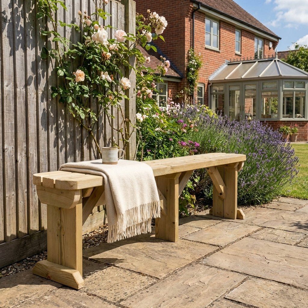 Hollies Wooden Garden Rounded Bench, Outdoor Fence Seat