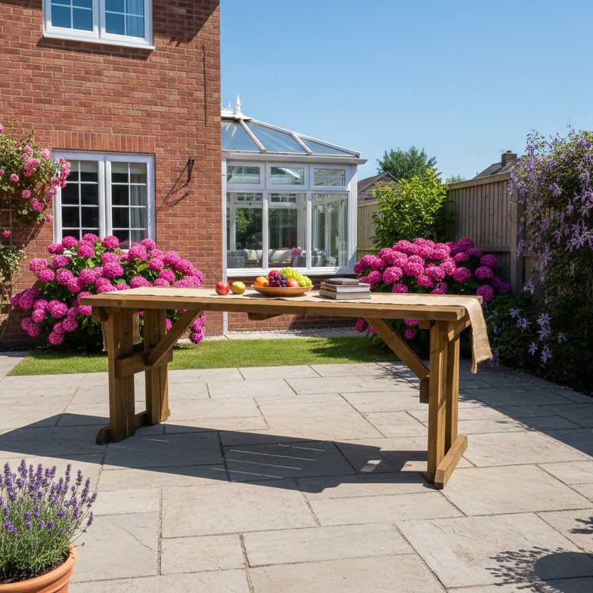 Hollies Wooden Garden Table, Outdoor Picnic Dining Desk - Rustic Finish
