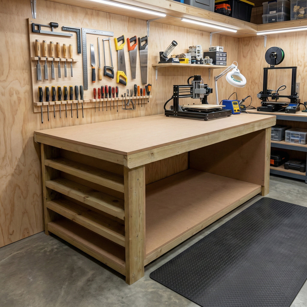 Wooden Workbench MDF Top with Extra shelving Depth-3ft