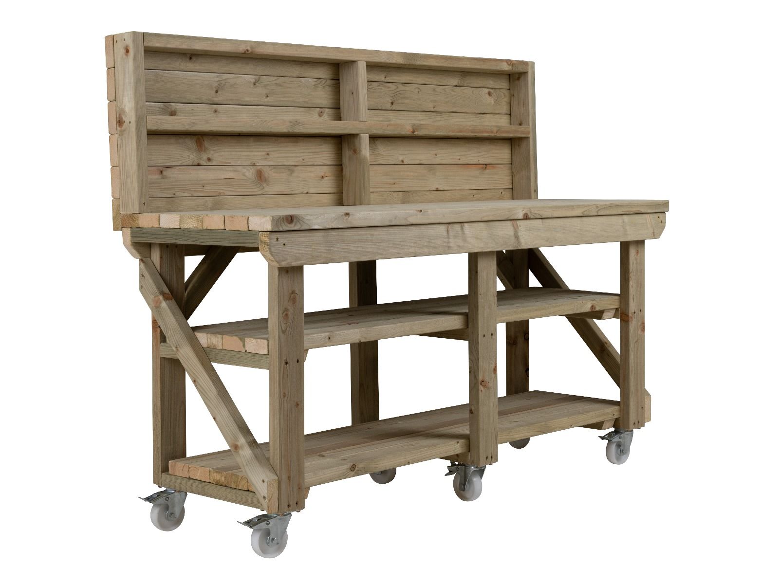 Indoor/outdoor workbench, pressure treated bench with back panel, double shelf and wheels