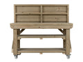 Indoor/outdoor workbench, pressure treated bench with back panel, double shelf and wheels