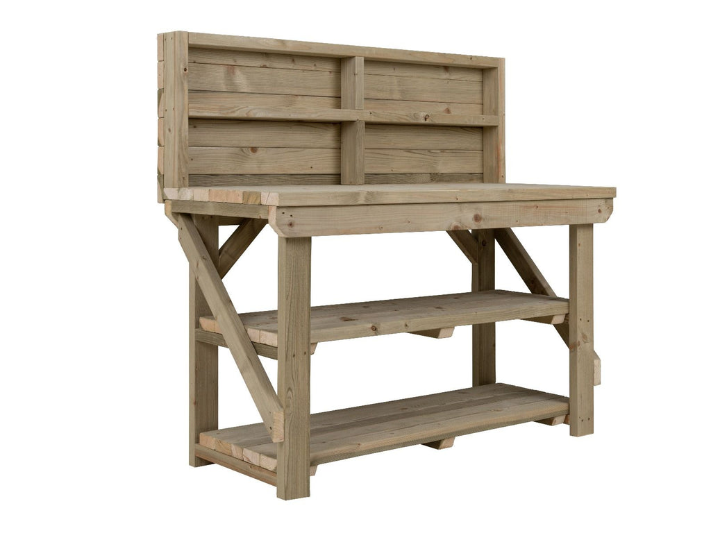 Indoor/outdoor workbench, pressure treated bench with back panel and double shelf