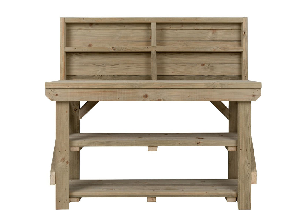 Indoor/outdoor workbench, pressure treated bench with back panel and double shelf
