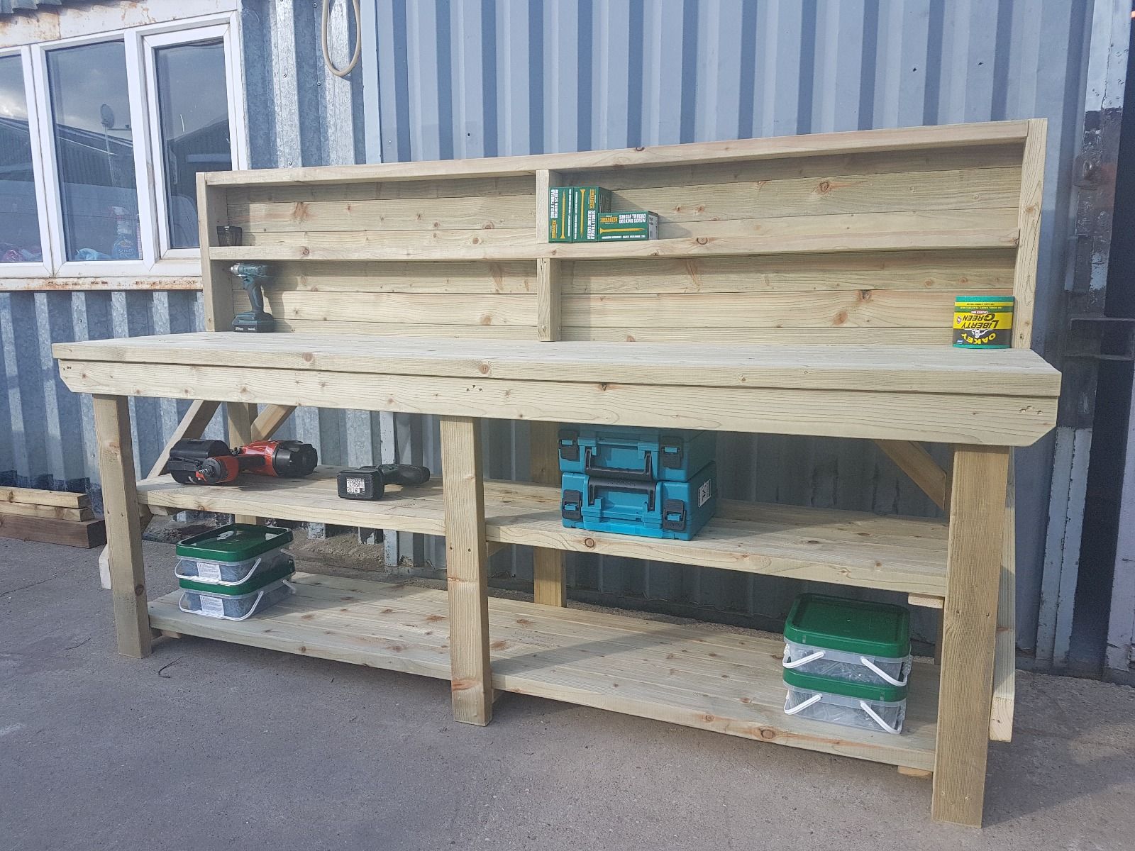 Indoor/outdoor workbench, pressure treated bench with back panel and double shelf