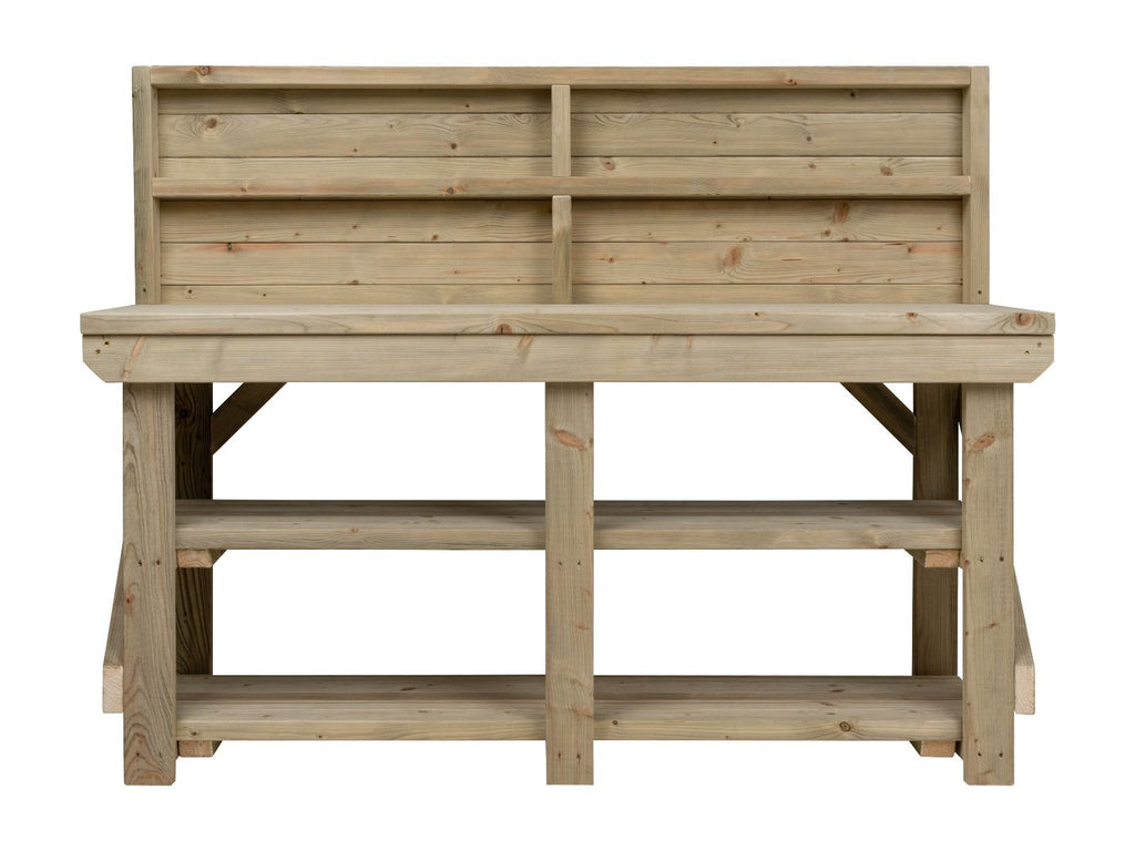 Indoor/outdoor workbench, pressure treated bench with back panel and double shelf