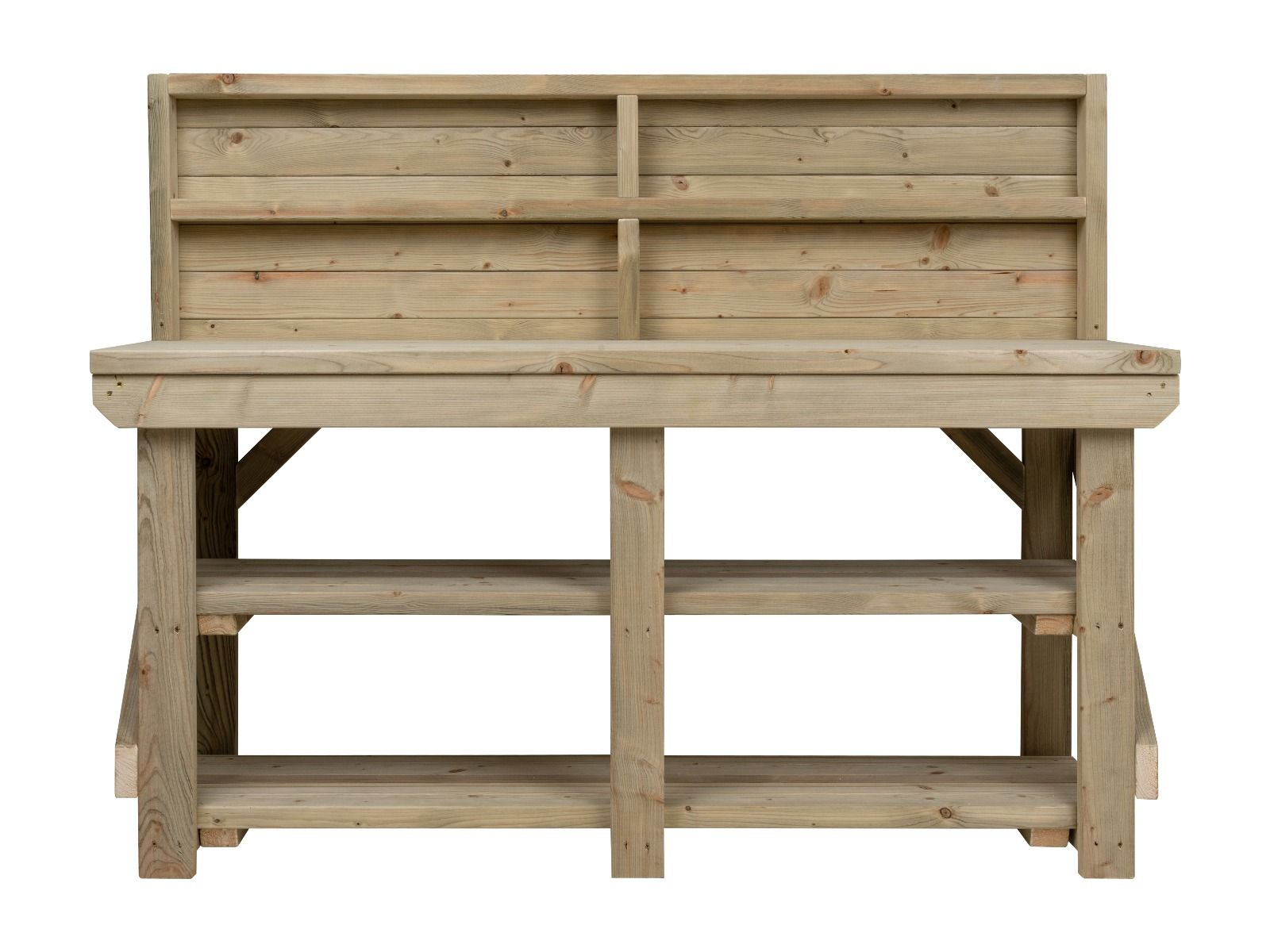 Indoor/outdoor workbench, pressure treated bench with back panel and double shelf