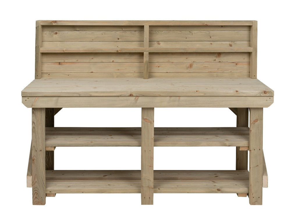 Indoor/outdoor workbench, pressure treated bench with back panel and double shelf