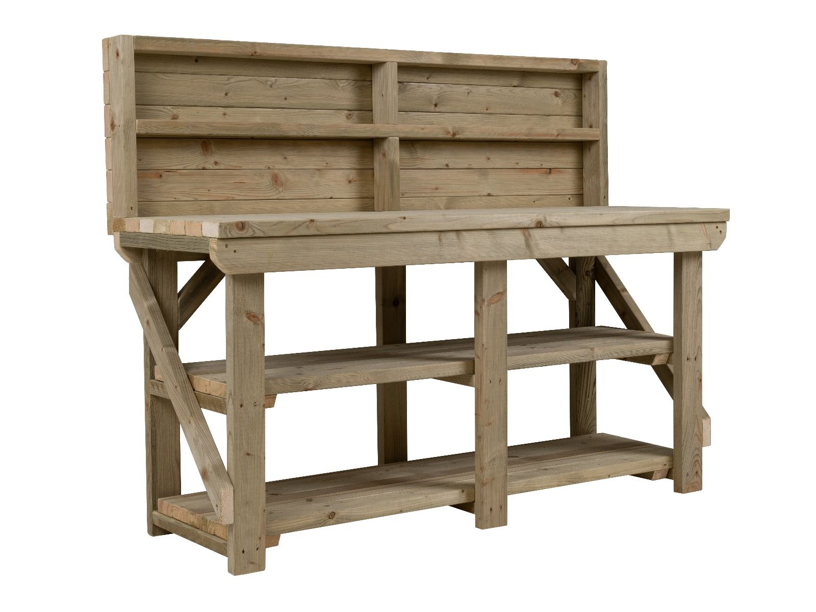 Indoor/outdoor workbench, pressure treated bench with back panel and double shelf