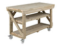 Indoor/outdoor workbench, pressure treated bench with double shelf and wheels