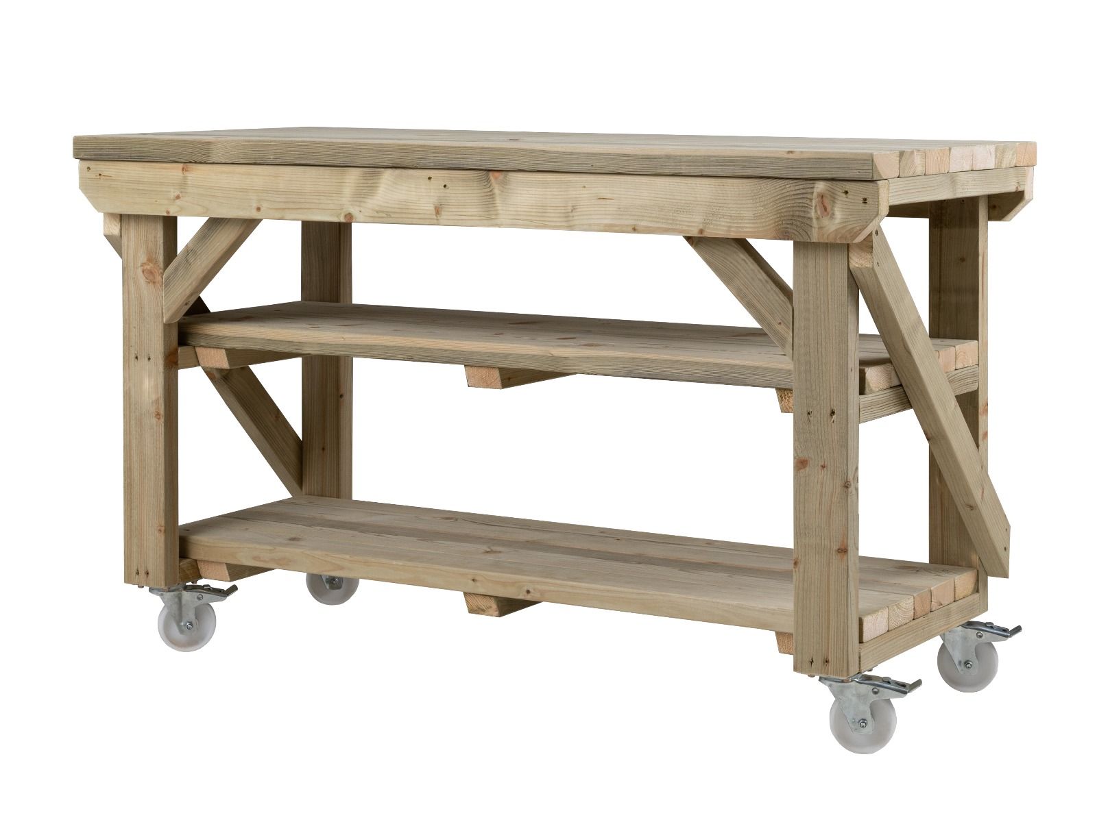 Indoor/outdoor workbench, pressure treated bench with double shelf and wheels