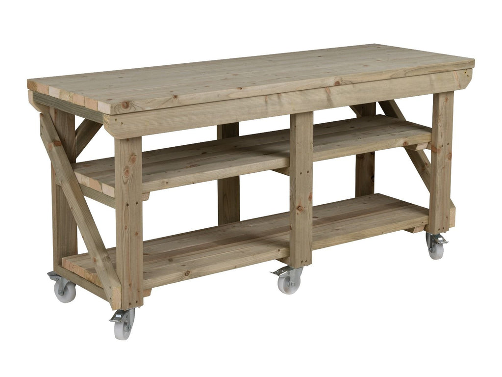 Indoor/outdoor workbench, pressure treated bench with double shelf and wheels