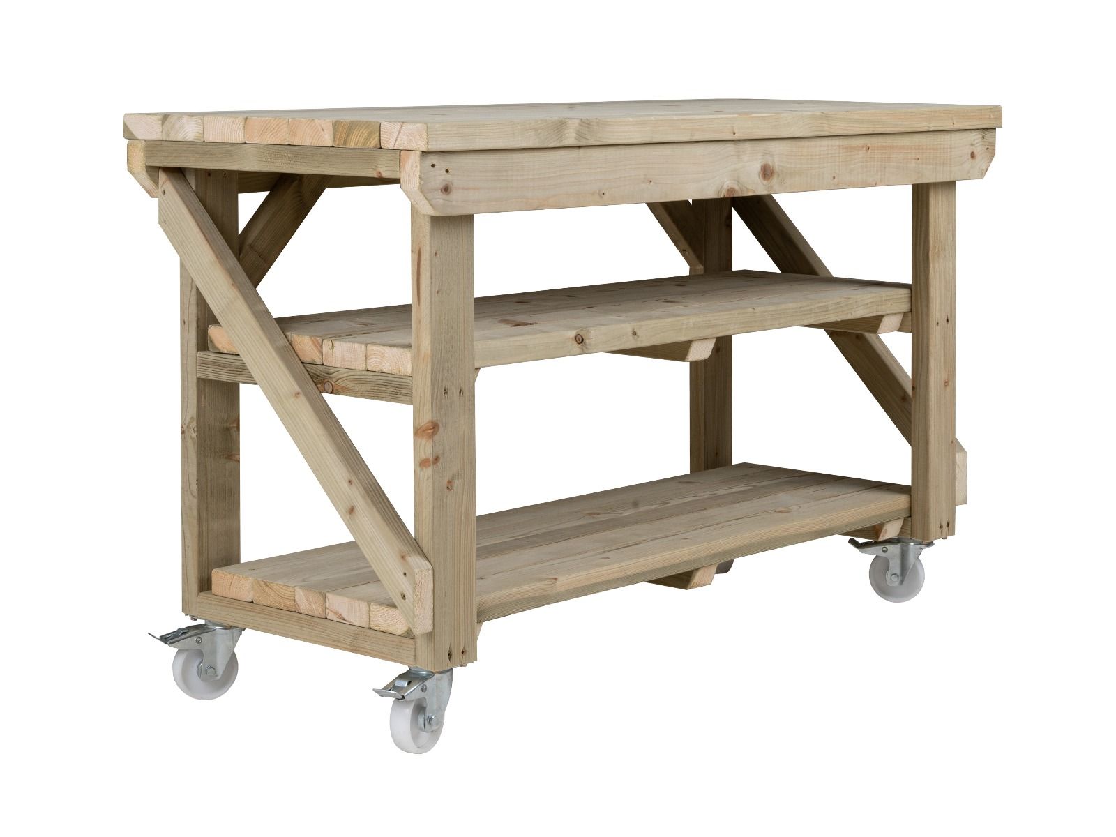 Indoor/outdoor workbench, pressure treated bench with double shelf and wheels