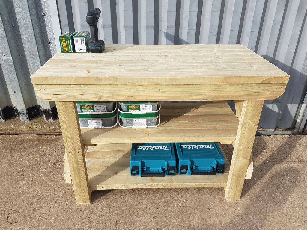 Indoor/outdoor workbench, pressure treated bench with double shelf