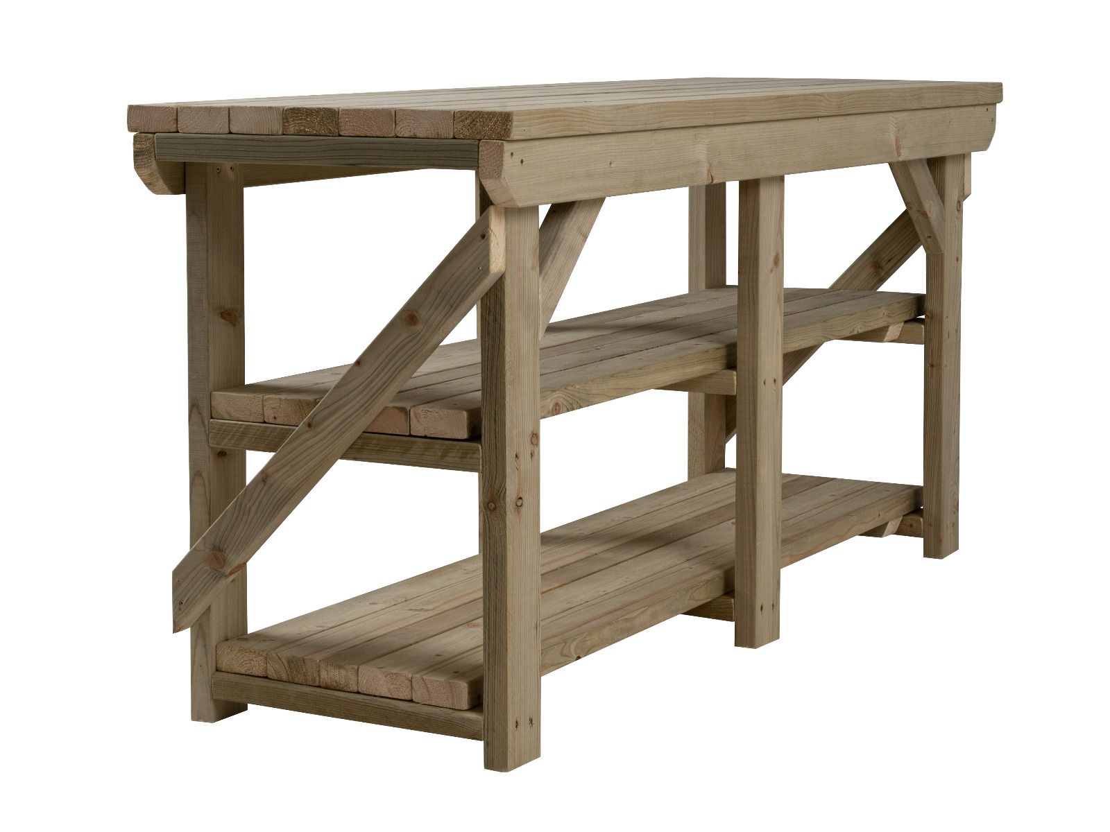 Indoor/outdoor workbench, pressure treated bench with double shelf