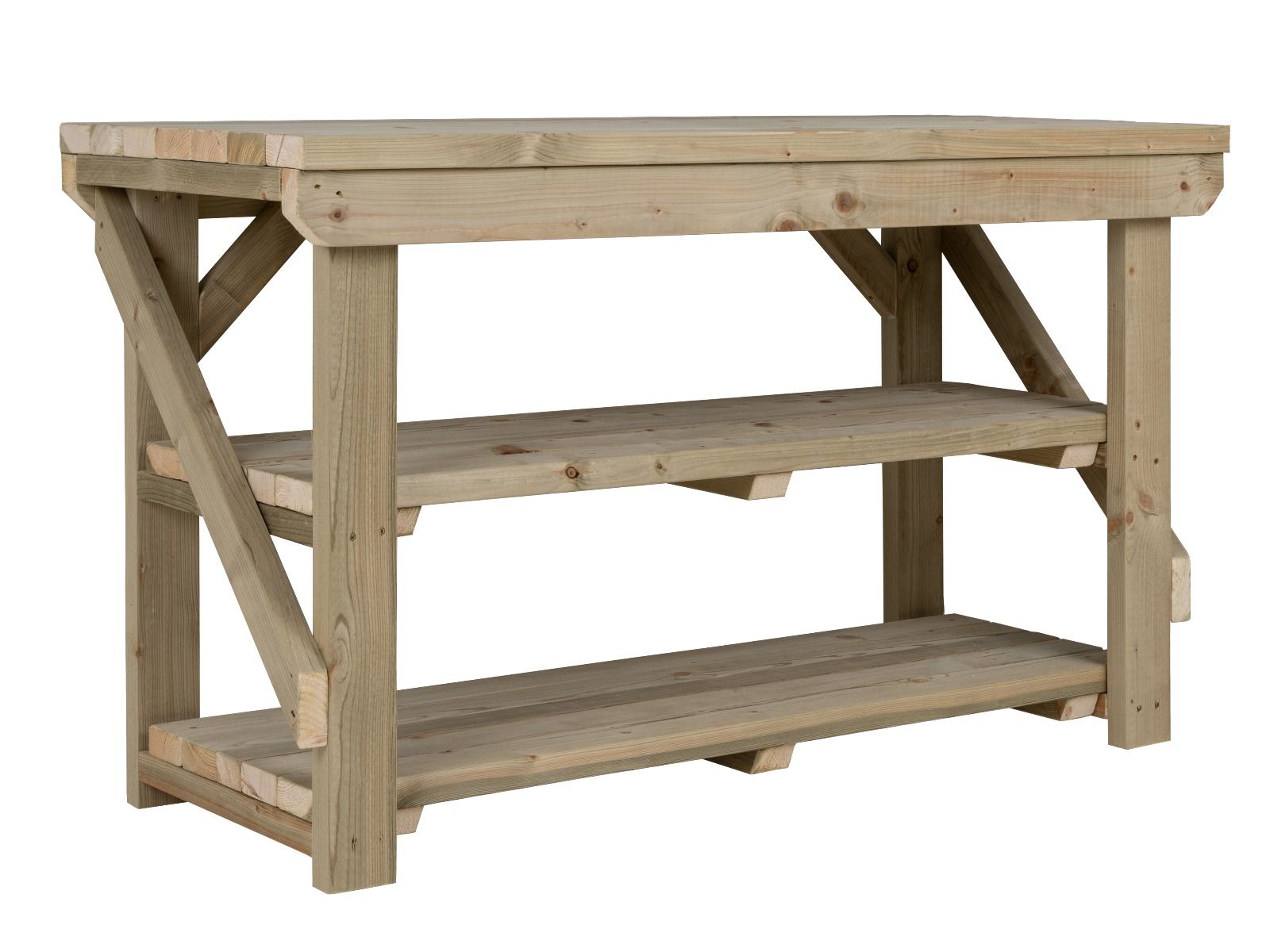 Indoor/outdoor workbench, pressure treated bench with double shelf