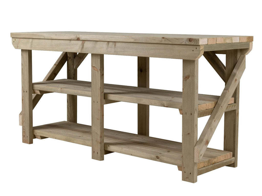 Indoor/outdoor workbench, pressure treated bench with double shelf