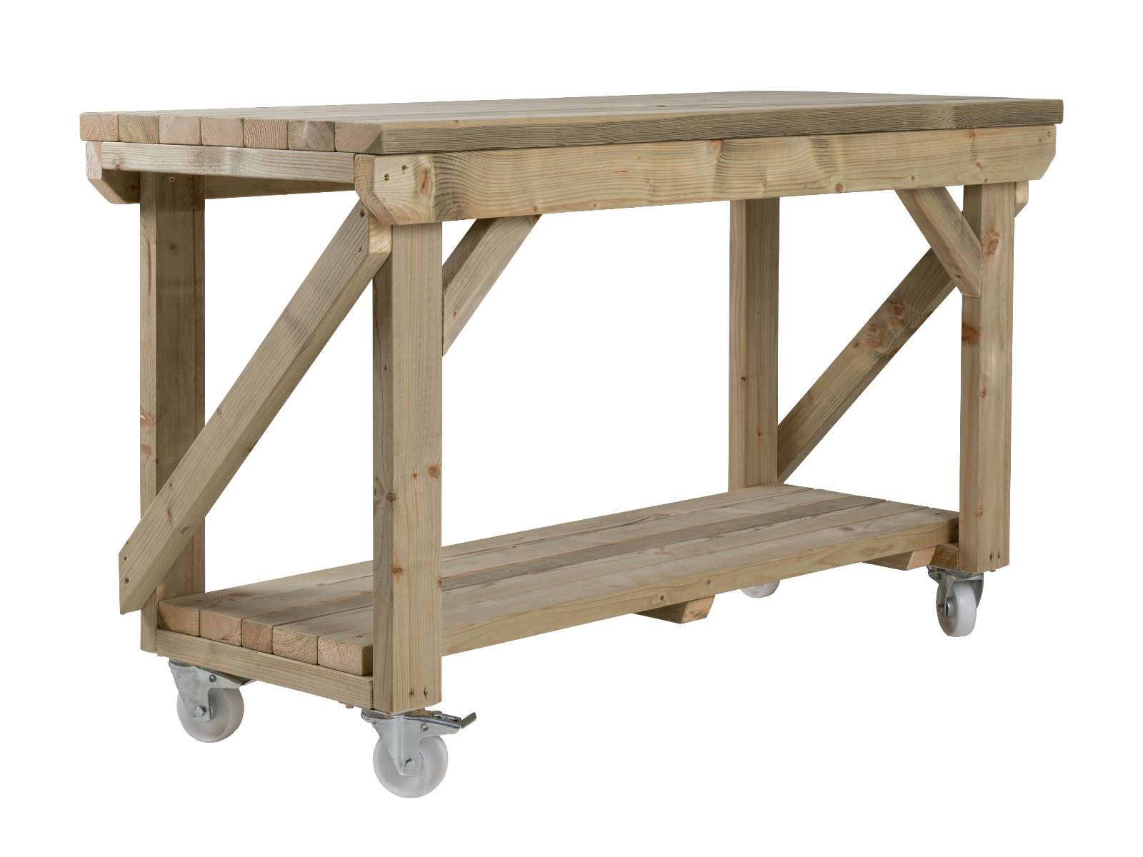 Indoor/outdoor workbench, pressure treated bench with wheels