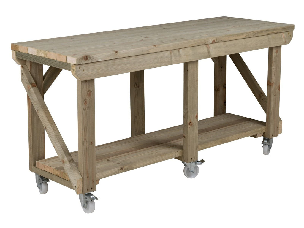Indoor/outdoor workbench, pressure treated bench with wheels