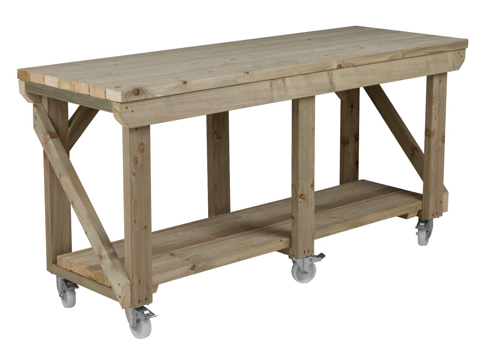 Indoor/outdoor workbench, pressure treated bench with wheels