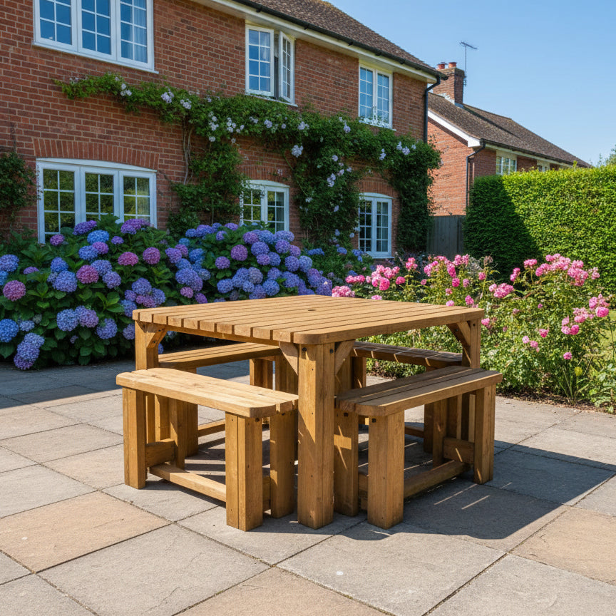 QUADRUM Rounded Picnic Table With 4 Benches - Rustic Finish