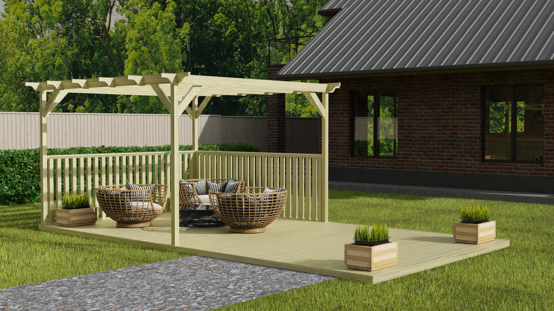 Rectangular Pergola and Decking Kit With Balustrades V.2