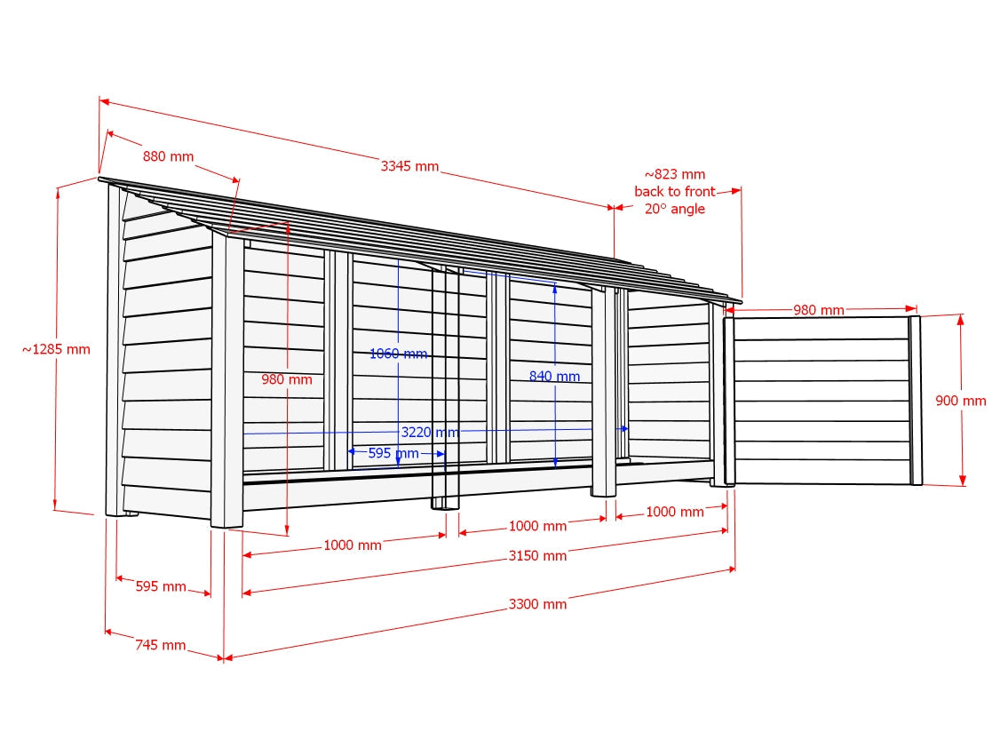 Wooden Log Store with Doors W-335cm, H-126cm or 180cm, D-88cm