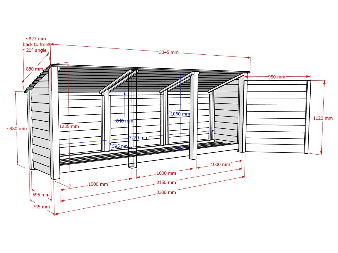 Wooden Log Store (Roof Sloping Back) with Shelf W-335cm, H-126cm or 180cm, D-88cm - Brown Finish
