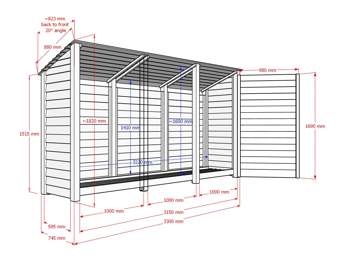 Wooden Garden Tool Storage (Roof Sloping Back) with Shelf W-335cm, H-126cm or 180cm, D-88cm - Brown Finish
