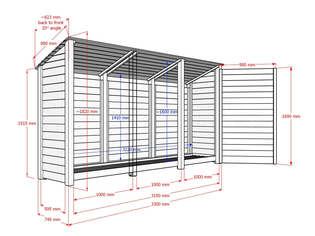 Wooden Log Store (Roof Sloping Back) with Shelf W-335cm, H-126cm or 180cm, D-88cm